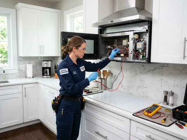 Appliance Repair Hero technician testing an over-the-range microwave in a Alhambra, IL kitchen